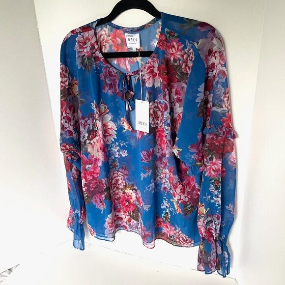 MISA Capriana Blouse Womens XL Blue Floral V-Neck Long Sleeve Top - Picture 3 of 7